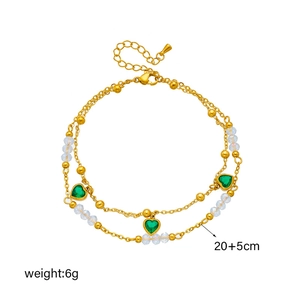 Double-layered gold anklet with green heart pendant and transparent beads, length 20+5cm