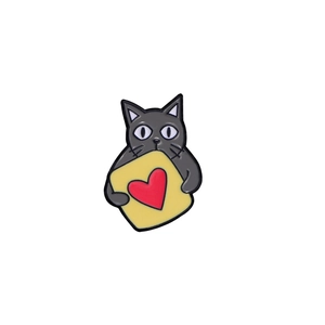 Cute cartoon dark grey cat enamel brooch holding a red heart on a yellow card