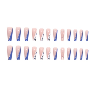 Long ballerina press-on nails with blue leopard print and glitter rhinestones
