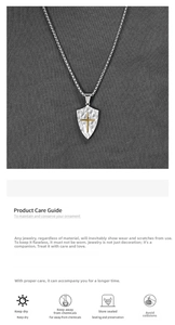 Detail of shield pendant with textured hammer finish and golden cross on round pearl chain