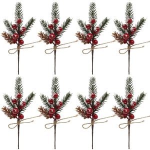 Detail of 8-piece set featuring red berries, green pine needles, and pinecones with twine bows