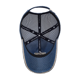 Deep blue breathable mesh baseball cap with internal brand webbing and reinforced structure