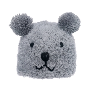 Cute grey teddy bear knit hat with plush ears and cartoon embroidery for winter warmth