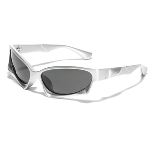 Y2K futuristic oversized silver sports sunglasses with metallic sculpted frames