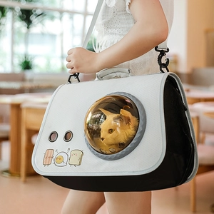 Portable pet space capsule bag with cartoon prints and transparent window in beige and black