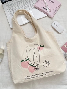Minimalist peach canvas tote bag with artistic line drawing and inspirational quotes