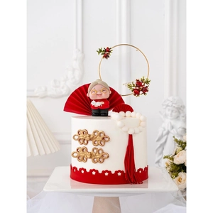 Traditional Chinese elder female cake topper with red fan and best wishes ring decoration