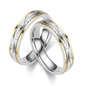 Titanium Steel Couple Ring Gold Silver Two Tone Wave Pattern Frosted Rhinestone Finger Ring For Men Women Fashion Minimalist Jewelry