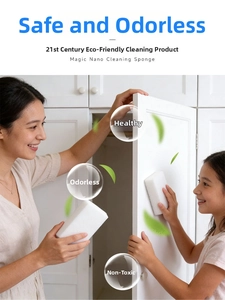 Eco-friendly nano cleaning sponge used for kitchen cabinets by a mother and child