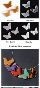 Detailed macro view showing assorted polished natural crystal stone butterfly carvings