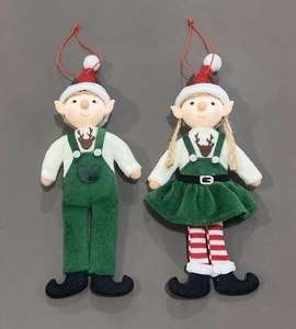 Detail of Christmas elf plush ornaments with deer head patterns and sequined belt details