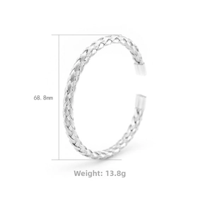 Detail view of silver stainless steel braided cuff bracelet showing weight 13.8g and texture