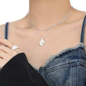 Irregular textured S925 silver double layer necklace and ring set with amber stone