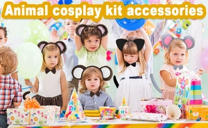 Close-up of children in animal cosplay kits with fuzzy ears, bow ties, and tails at a party