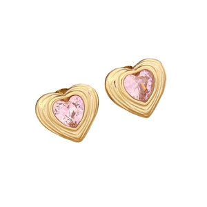 Golden heart stud earrings with pink zircon stone and wavy texture on white background