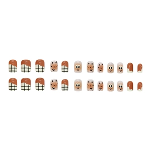 Short square press-on nails with brown plaid and cute cartoon eyes design