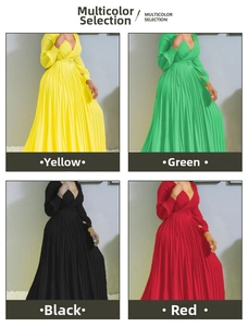 Collage of long sleeve deep V-neck pleated maxi dresses in yellow, green, black and red