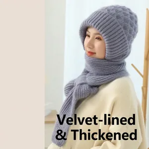 Detail of purple-gray knit hood scarf with diamond pattern and cozy fleece lining