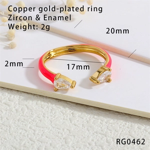 Detail of pink enamel adjustable ring with pear-cut cubic zirconia in 18K gold plating