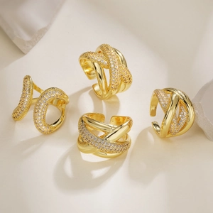 Geometric Open Ring Copper Zircon Rhinestone Inlaid Adjustable Luxury Irregular Gold Plated Fashion Jewelry For Women