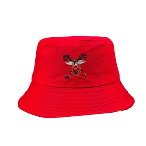Red Christmas bucket hat with reindeer embroidery and cute brown antlers for women