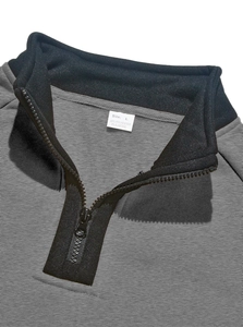 Detail of color-block sweatshirt with half-zip stand collar and inner size label