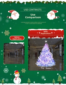 Detail of purple Christmas tree window sticker with Merry Christmas text on glass