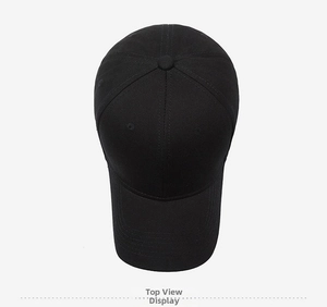 Top down view of a black cotton baseball cap with a classic six-panel design and structured crown