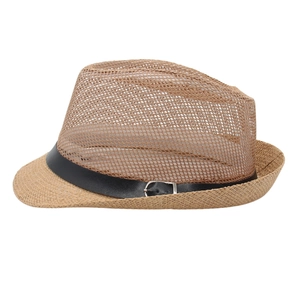 Close-up of mesh weave straw hat with black leather belt and silver metal buckle detail