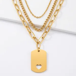 Stainless Steel Double Layer Necklace With Hollow Heart Rectangular Pendant Dog Tag Figaro Chain Trendy Jewelry For Women