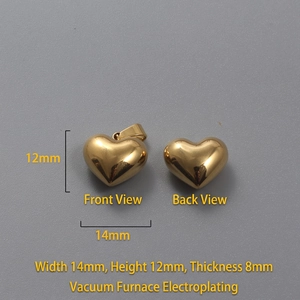 Detail view of 18k gold plated heart pendant showing 14mm dimensions and front back view