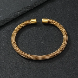 Minimalist gold mesh stainless steel open cuff bracelet with sleek cylindrical end caps