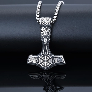 Vintage stainless steel Mjolnir necklace with Thor's hammer and skull engraving