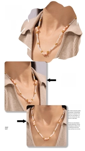 Baroque necklace model shot featuring pink and white pearls with 18k gold plated beads