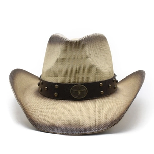 Beige woven Western cowboy straw hat with vintage bull head badge and leather band