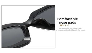 Détail des plaquettes de nez sur lunettes de soleil noires à facettes avec perles