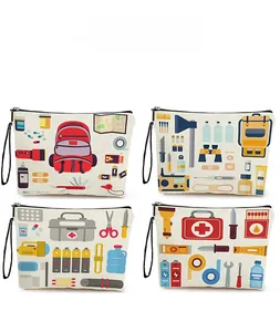 Detailed pattern display of canvas toiletry bags with outdoor survival equipment prints