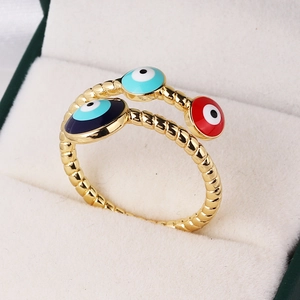 Braided gold Evil Eye ring with colorful enamel charms in adjustable open design