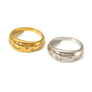Gold and silver dome rings with engraved star and moon zircon patterns on white base