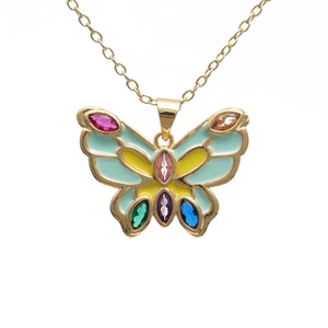 Bohemian gold butterfly pendant necklace with colorful crystals and enamel finish