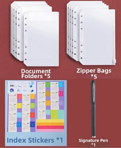 Kids accounting binder set with zipper bags, data bags, stickers, and a black pen