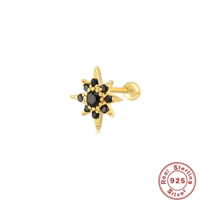 Gold star stud earring in 925 sterling silver with black stone and screw back closure