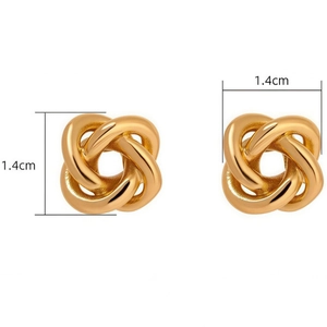 Minimalist gold knot stud earrings with polished twisted metal texture and 1.4cm diameter