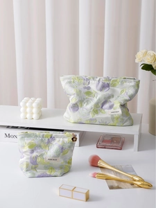 Floral jacquard cosmetic bag set with purple flower patterns and metal zipper pulls