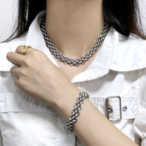 European American Exaggerated Stainless Steel 18K Gold Plated Jewelry Set Heavy Metal Woven Chain Necklace Bracelet Women