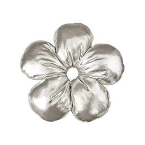 Detail of silver five-petal flower hair scrunchie with metallic pleated fabric texture