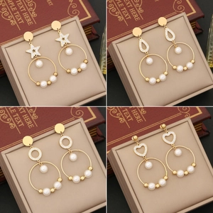 Stainless Steel Dangle Earrings With Imitation Artificial Pearls And Rhinestones Heart Star Shapes Gold Plated Elegant Jewelry Women