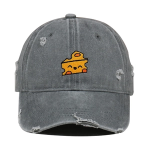 Cartoon Cheese Embroidery Distressed Washed Cotton Baseball Cap Retro Streetwear Adjustable Outdoor Sun Hat Unisex
