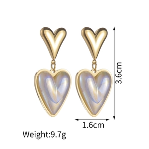 Elegant gold heart drop earrings with iridescent pendants and dimensions 3.6cm by 1.6cm