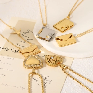 Gold stainless steel book locket and heart pendant necklaces set for couples